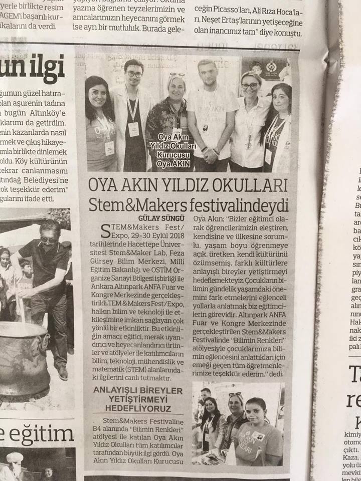Geçtiğimiz haftalarda katıldığımız STEM&MAKERS Festivali'nin haberi Anadolu Gazetesi'nde çıktı.