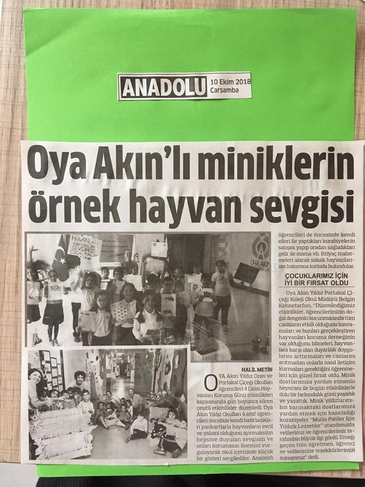 4 Ekim Hayvanları Koruma Günü etkinliklerimizeAnadolu Gazetesi'nde yer verildi.