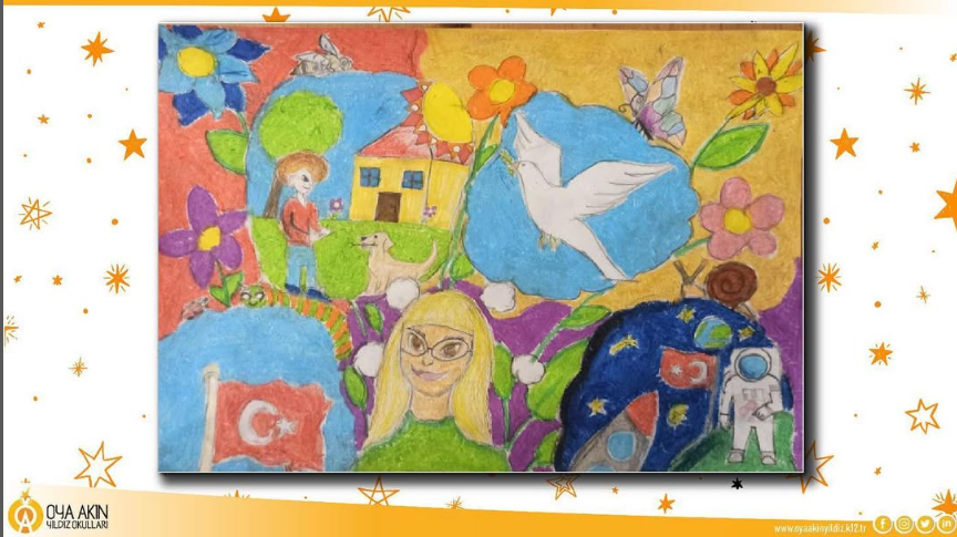 Oya Akın Yıldız Portakal &Ccedil;i&ccedil;eği 4. sınıf &ouml;ğrencimiz sevgili Ela Tun&ccedil; &ldquo;Cumhuriyetimizin 100. Yılını Resimle Anlat&rdquo; konulu resim yarışmasında finale kalmıştır.