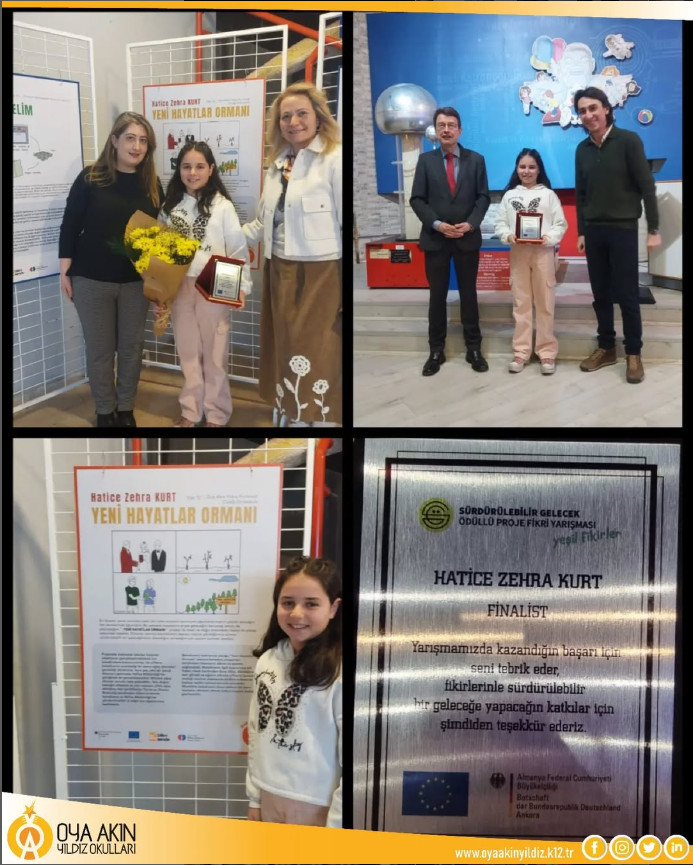Almanya Federal Cumhuriyeti B&uuml;y&uuml;kel&ccedil;iliği destekleri ile s&uuml;rd&uuml;r&uuml;lebilir gelecek konulu Yeşil Fikirler Proje yarışmasına katılarak okulumuzu başarıyla temsil eden &ouml;ğrencimiz Hatice Zehra Kurt finalist olarak plaketini almıştır. &Ouml;ğrenci